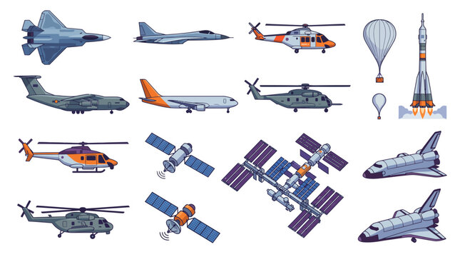 Aerospace and space exploration vector illustration set featuring fighter jet, military airplane, helicopter, rocket launch, satellite, space station, and shuttle isolated on white background.