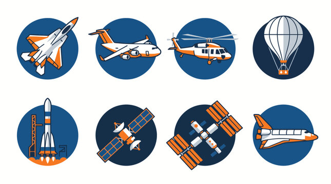 Aerospace and aviation vector icon set featuring flat fighter jet, cargo airplane, helicopter, rocket launch, satellite, space station, and shuttle inside blue circles isolated on white background.