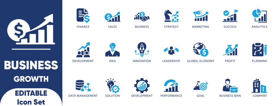 Growth Icon Set. graph, gain, evolution, increase, profit, progress, improvement, target, success, performance, illustration, and solid illustration. 