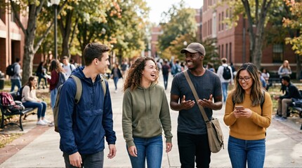 Obraz premium Diverse Group of College Students Walking and Talking on University Campus in Autumn