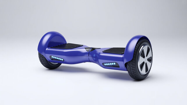 Blue self balancing electric scooter with LED lights on a white background