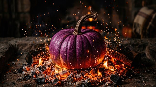 Vibrant purple pumpkin on thanksgiving day fire pit embers