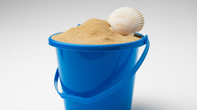 Close-up of a blue plastic beach bucket filled with sand and a seashell