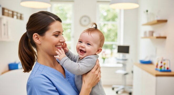 Caring nurse holding a giggling baby in a healthcare setting