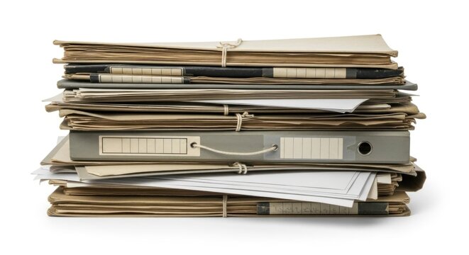 A stack of disorganized office paperwork and binders on a white background