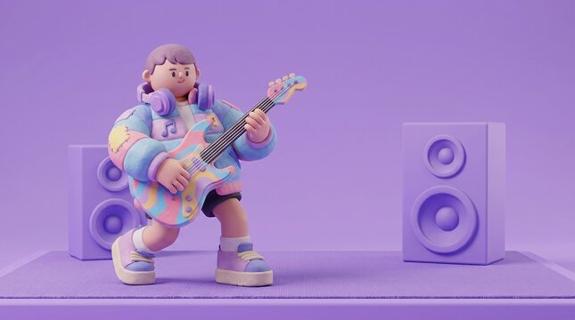 3D Cartoon Boy Playing Electric Guitar with Speakers
