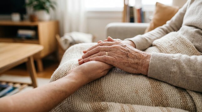 Close up of elderly woman hands resting on younger hand, symbolizing family care, nursing home support, palliative medicine and intergenerational love.