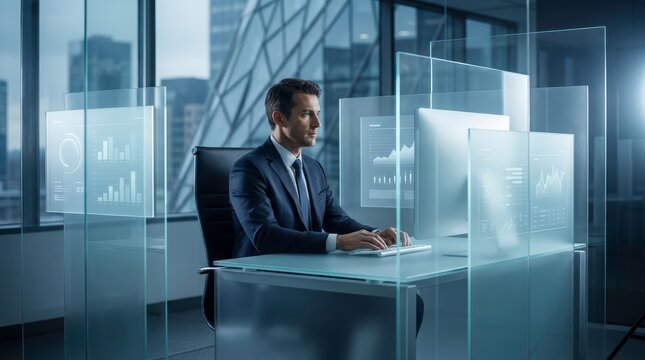 Professional Businessman Working at Laptop Desk in Modern Office