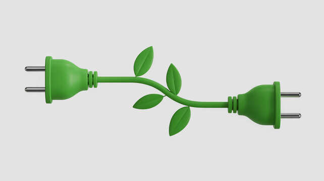 Green electrical plugs connected by a vine with leaves symbolizing eco-friendly energy