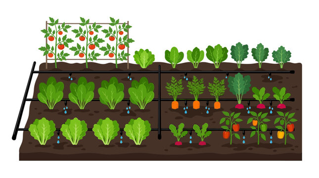 A vibrant vertical garden with various leafy greens and colorful vegetables growing on a trellis and shelves in a backyard garden on a sunny day with lush foliage.