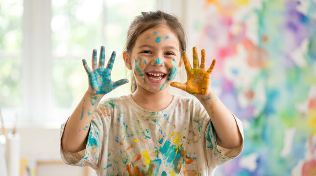 Smiling young girl with paint on her face, palms covered in colorful blue and orange paint, showing messy hands to the camera, bright art classroom, childhood education portrait
