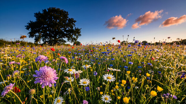 Wildflower meadow field with colorful blossoms, flying honeybees and large oak tree silhouette, blooming at sunset under blue sky in countryside, nature photography