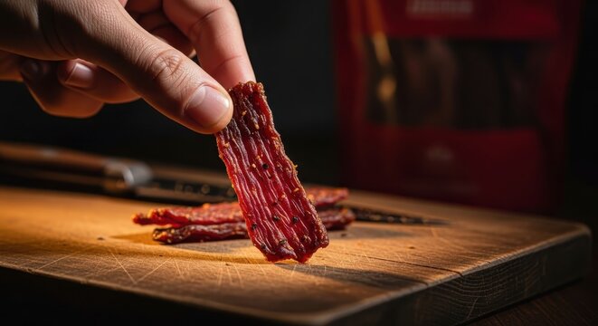 Hand holds a piece of savory beef jerky on a wooden board, showcasing a delicious protein snack