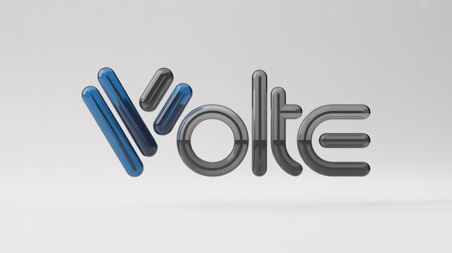 Volte with glossy blue and grey glass-like lettering