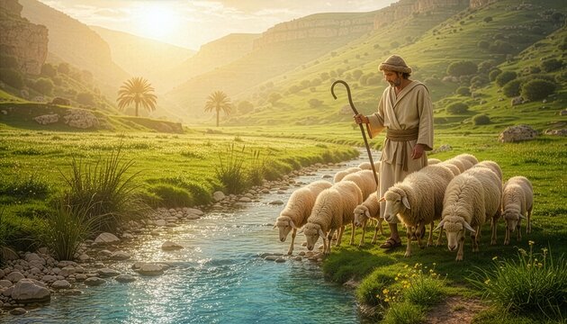 緑の牧草地で羊の群れを川辺へ導く羊飼いの男性のイラスト