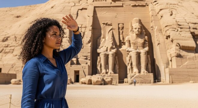 Woman shielding eyes from sun at ancient Egyptian temple with colossal statues