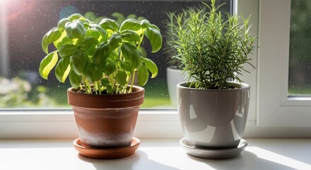 Fototapeta premium Fresh Basil and Rosemary Herbs Growing on a Sunny Kitchen Windowsill