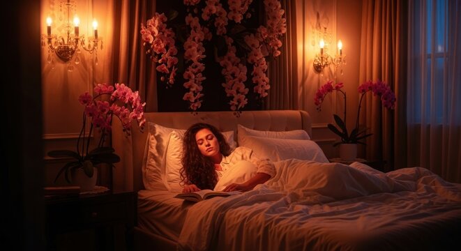 Serene Slumber: Woman Reading in Luxurious Bedroom with Orchid Decor