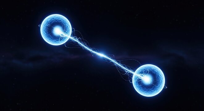 Quantum Entanglement - Two Interconnected Blue Orbs in a Dark Void.