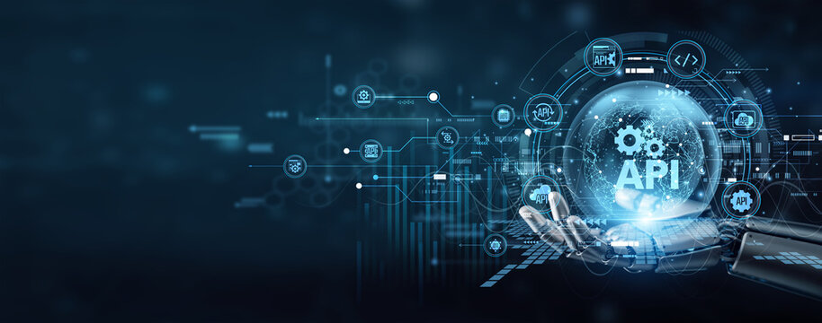 Robot hand securely hold API integration keys to link global software applications. Seamless data exchange between different platforms ensures efficient digital workflow and innovation.