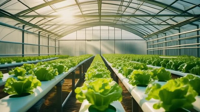 Rows of vibrant green lettuce plants growing in a large indoor hydroponic greenhouse with sunlight shining through