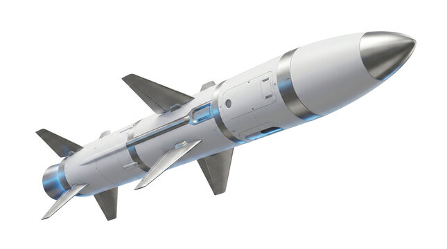 A modern white missile with metallic tip and fins, designed for precision targeting.