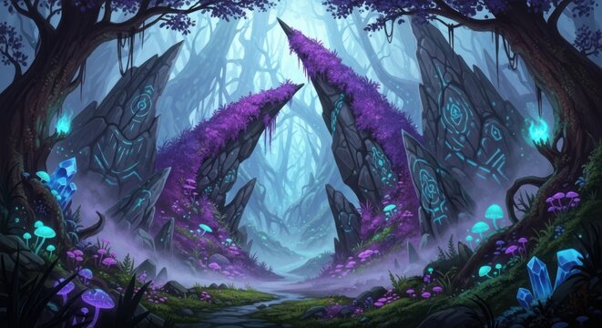 Enchanted Forest Path: Mystical Landscape with Glowing Crystals and Runestone Pillars