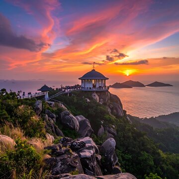 A serene temple on a cliffside overlooking the ocean at sunset