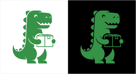 Cute green dinosaur holding a package with joy. © Rizky