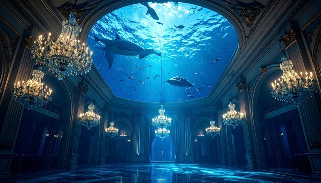 Surreal Grand Ballroom with a Transparent Ceiling Opening to a Deep Blue Ocean Filled with Swimming Sharks and Dolphins, creating a cinematic and ethereal banner for fantasy wall art designs.