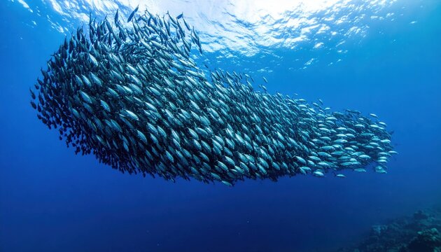 Massive School of Shimmering Sardines Moving in Perfect Unison to Form a Bait Ball Underwater