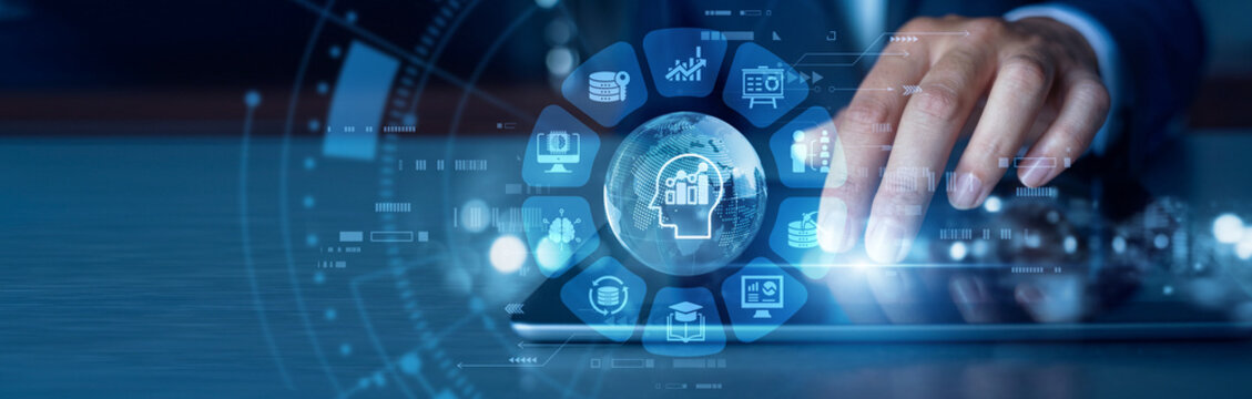 Data analysis. Corporate strategist working on tablet monitoring complex Business Intelligence metrics and performance charts in commercial world. Analytics dashboard, sales trends and reporting.