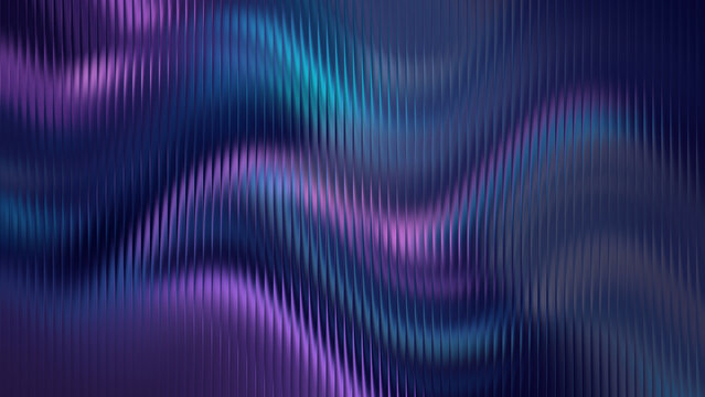 Abstract wavy texture with iridescent purple and cyan light streaks during a dark night creating a futuristic digital flow concept