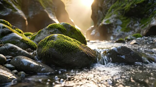 Moss-Covered Rocks Glowing Under Golden Sunlight Beside a Tranquil Forest Stream