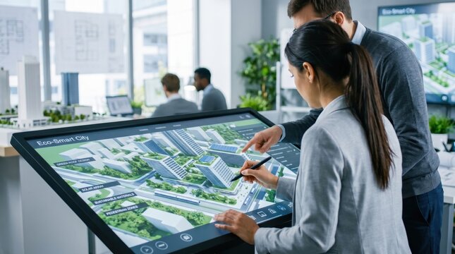 Architects and urban planners designing eco-smart city project on large digital display, discussing sustainable materials, green energy solutions