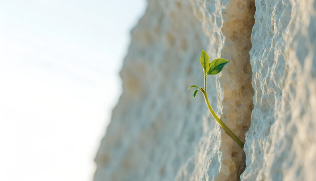 Small green plant bravely pushing through a crack in a textured rock, representing life's tenacious journey and unwavering hope
