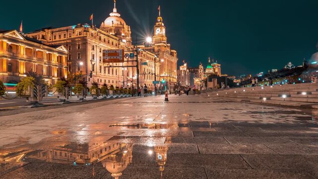 Night Reflections on Historic Bund Waterfront in Shanghai China in The Bund, Shanghai, China