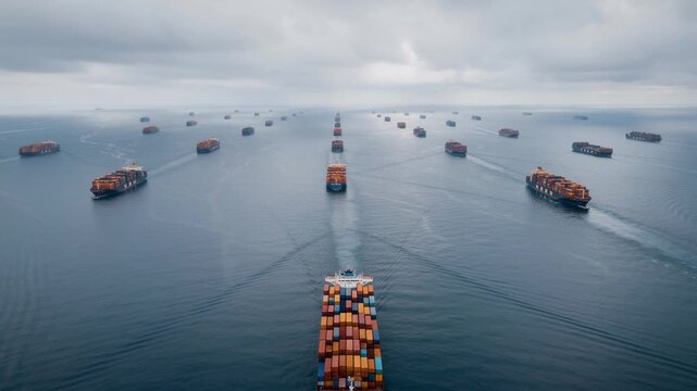 Large fleet of cargo container ships sailing on calm ocean under cloudy sky for global shipping transport