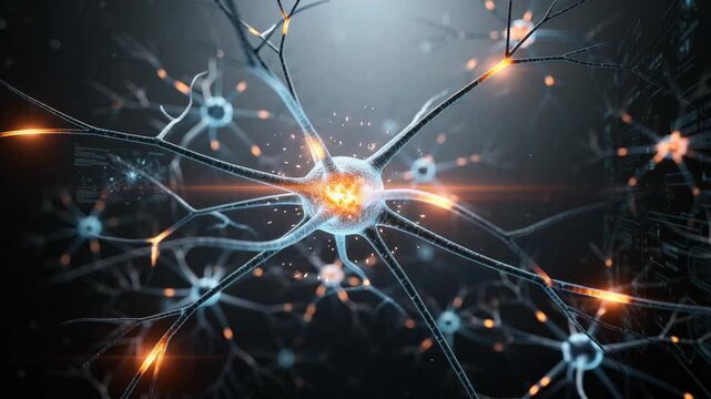 Close up of glowing neural network connections with digital data and brain synapses technology concept