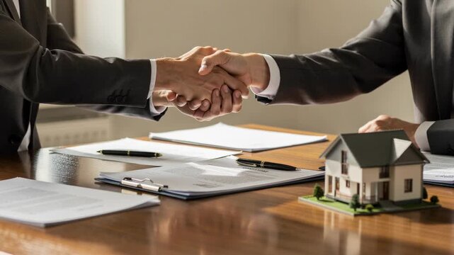 Business agreement handshake and real estate contract signing with house model on table