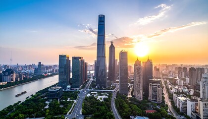Fototapeta premium Cityscape view with tall buildings, river, road and sunset. Golden sunlight shines in the sky and highlights the city