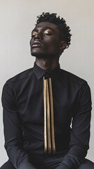 Fototapeta premium Stylish Black Man in Fashionable Outfit with Gold Necktie