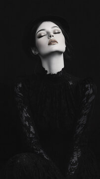 "Fashionable Gothic Model in Lace Dress"