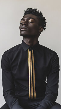 Stylish Black Man in Fashionable Outfit with Gold Necktie