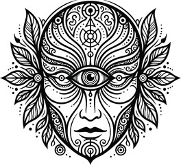 Obraz premium Intricate Floral Ornament With Facial Features Black And White Vector Illustration
