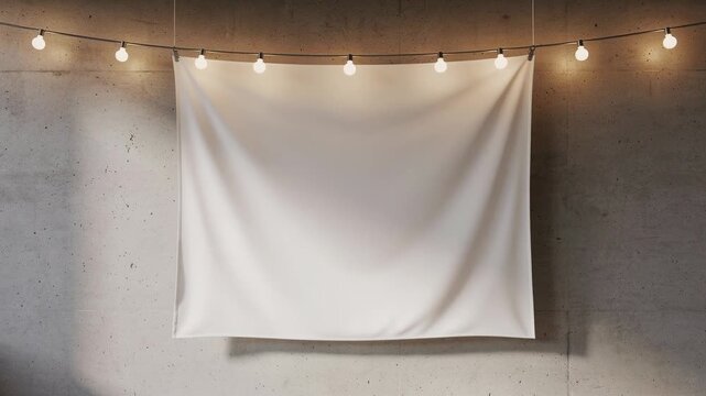 Blank white fabric banner hanging on concrete wall with string lights for decoration or advertising