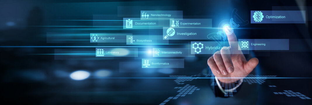 Medical research. Scientist hand touch virtual Biotechnology icon and concept words of genetic engineering, DNA sequencing, molecular biology and healthcare innovation. Advanced lab science.