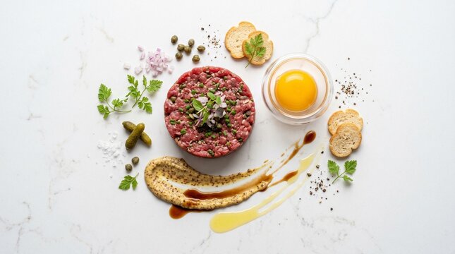 Flat lay avant-garde editorial photography of deconstructed beef tartare
