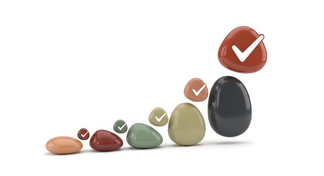 Colorful Smooth Stones with Checkmarks in Varying Sizes on White Background