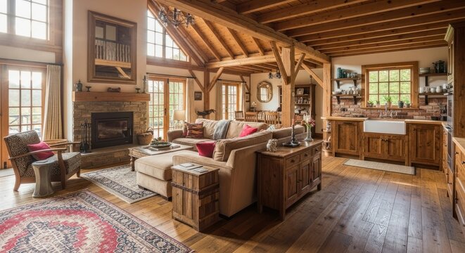 Rustic Charm: Open-Plan Timber-Framed Home Interior with Exposed Beams and Natural Light